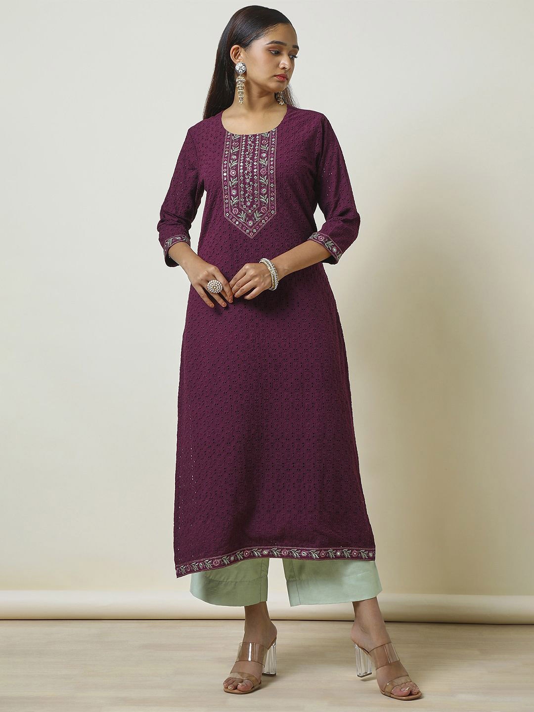 

Soch Geometric Embroidered Mirror Work Cotton Straight Kurta, Maroon