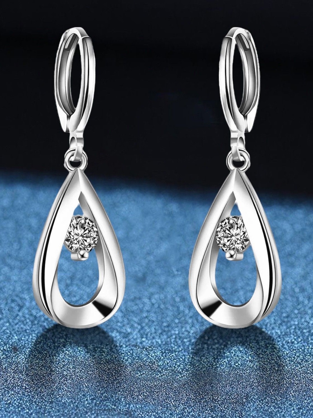 

MYKI Silver-Plated Stainless Steel Cubic Zirconia Studded Teardrop Shaped Hoop Earrings
