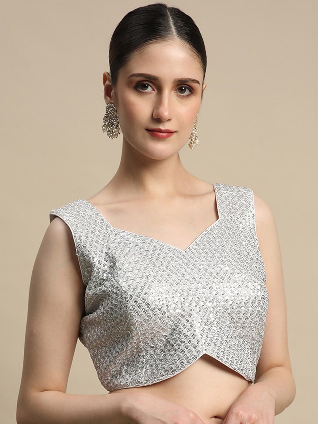 

BAPS Women Sequinned Ready to wear Embellished Sleeveless Saree Blouse, Silver