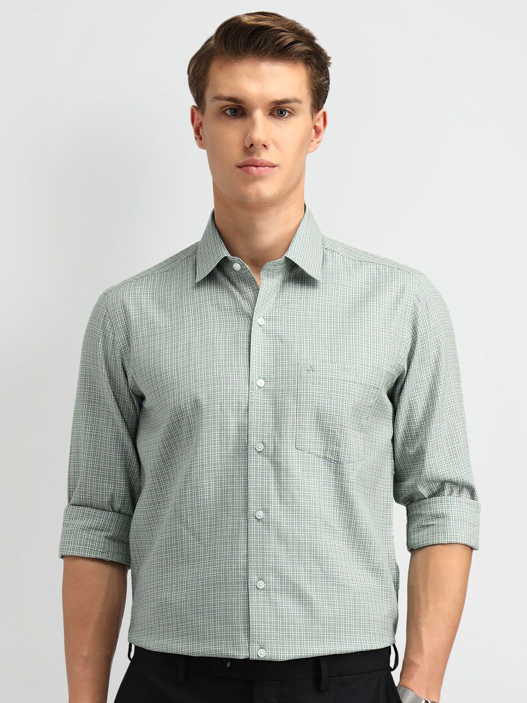 

Arrow Men Manhattan Spread Collar Checked Cotton Slim Fit Formal Shirt, Green