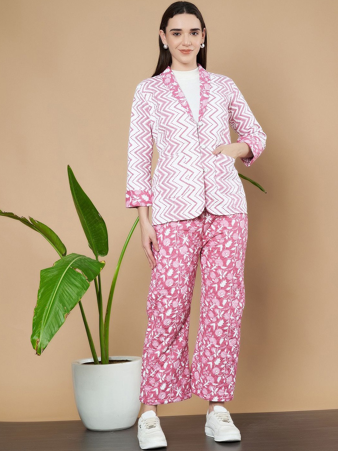 

KALINI Printed Pure Cotton Blazer & Trousers, White