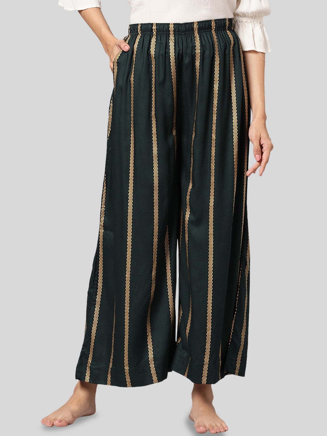 

Kryptic Women Striped Flat Front Flared Lounge Pants, Green