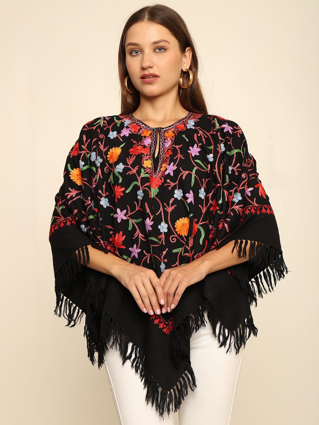 

CRAFTBAZAR Women Embroidered Poncho, Black