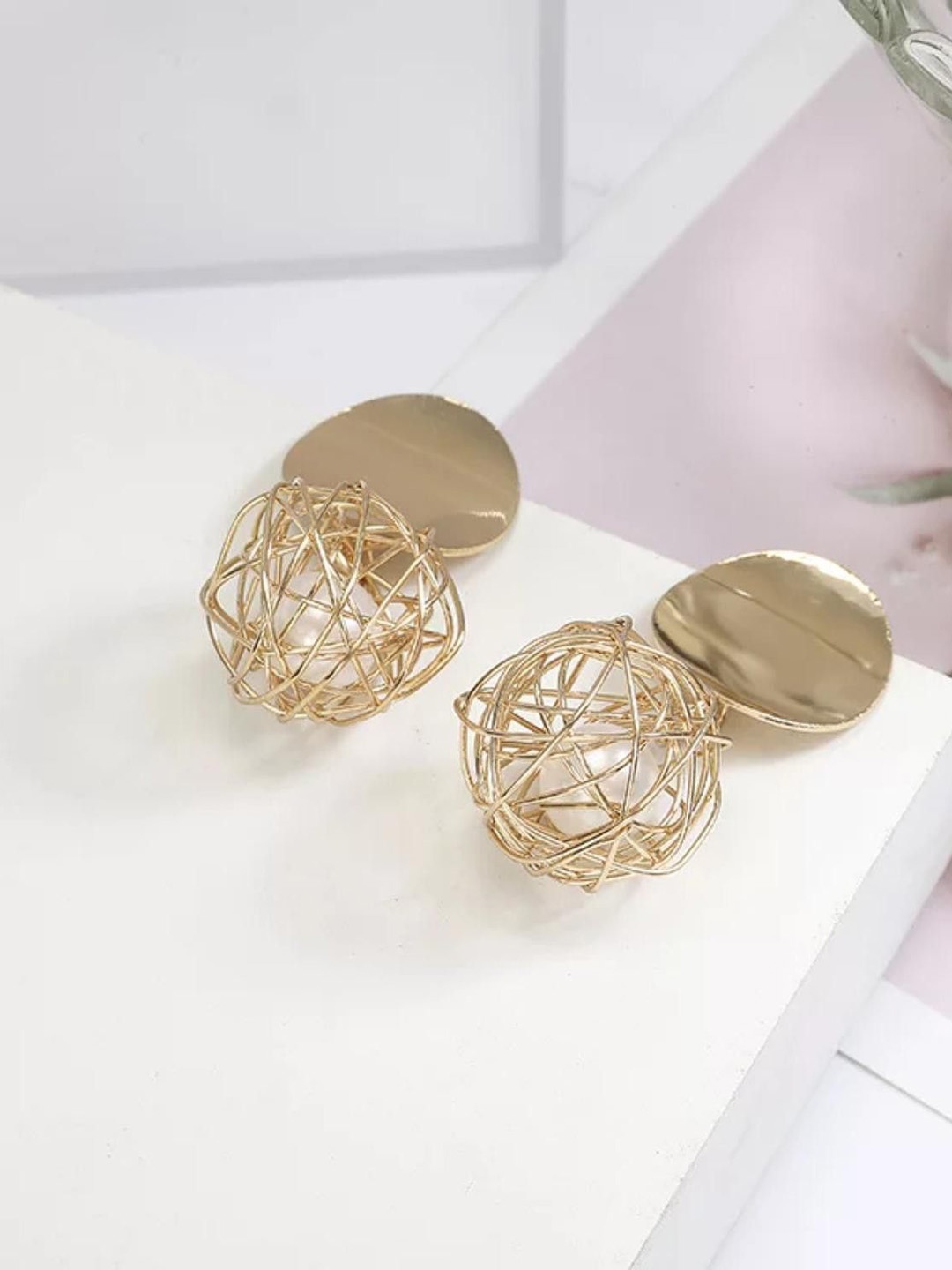 

MYKI Gold-Plated Stainless Steel Pearls Beaded Contemporary Drop Earrings
