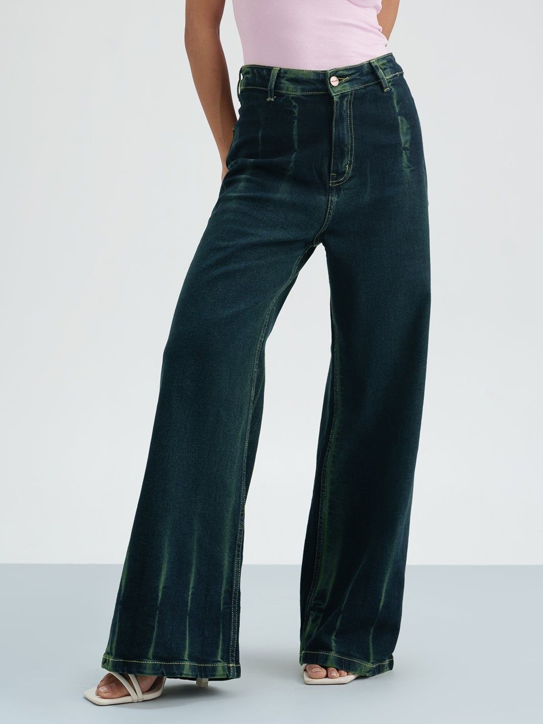 

FREAKINS Women Loose Flared High-Rise Stretchable Jeans, Green