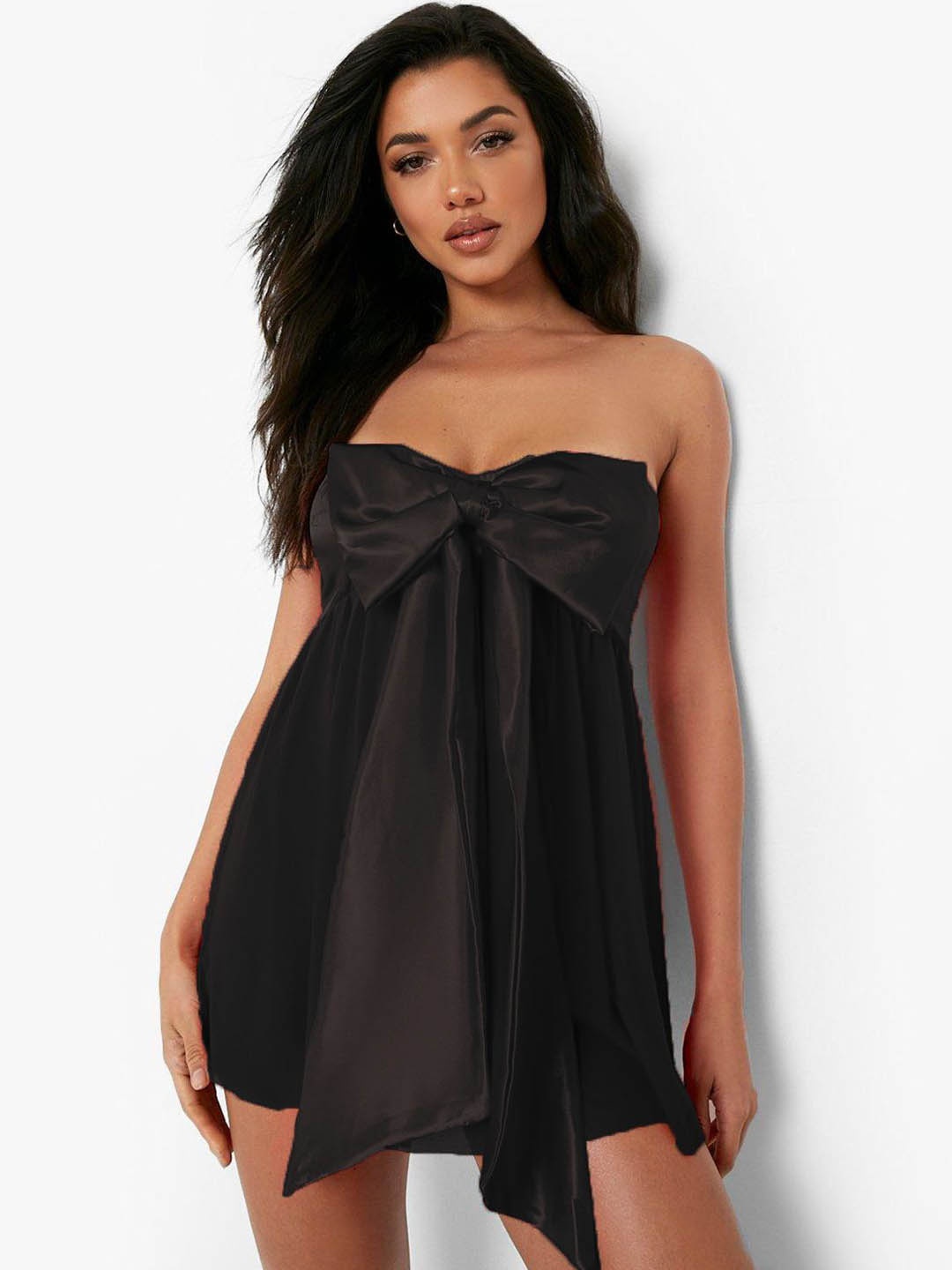 

KRENOZ Strapless Bow Detailed Net Baby Doll, Black