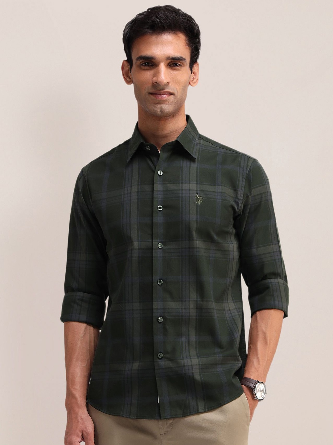 

U.S. Polo Assn. Men Classic Spread Collar Checks Printed Cotton Casual Shirt, Green