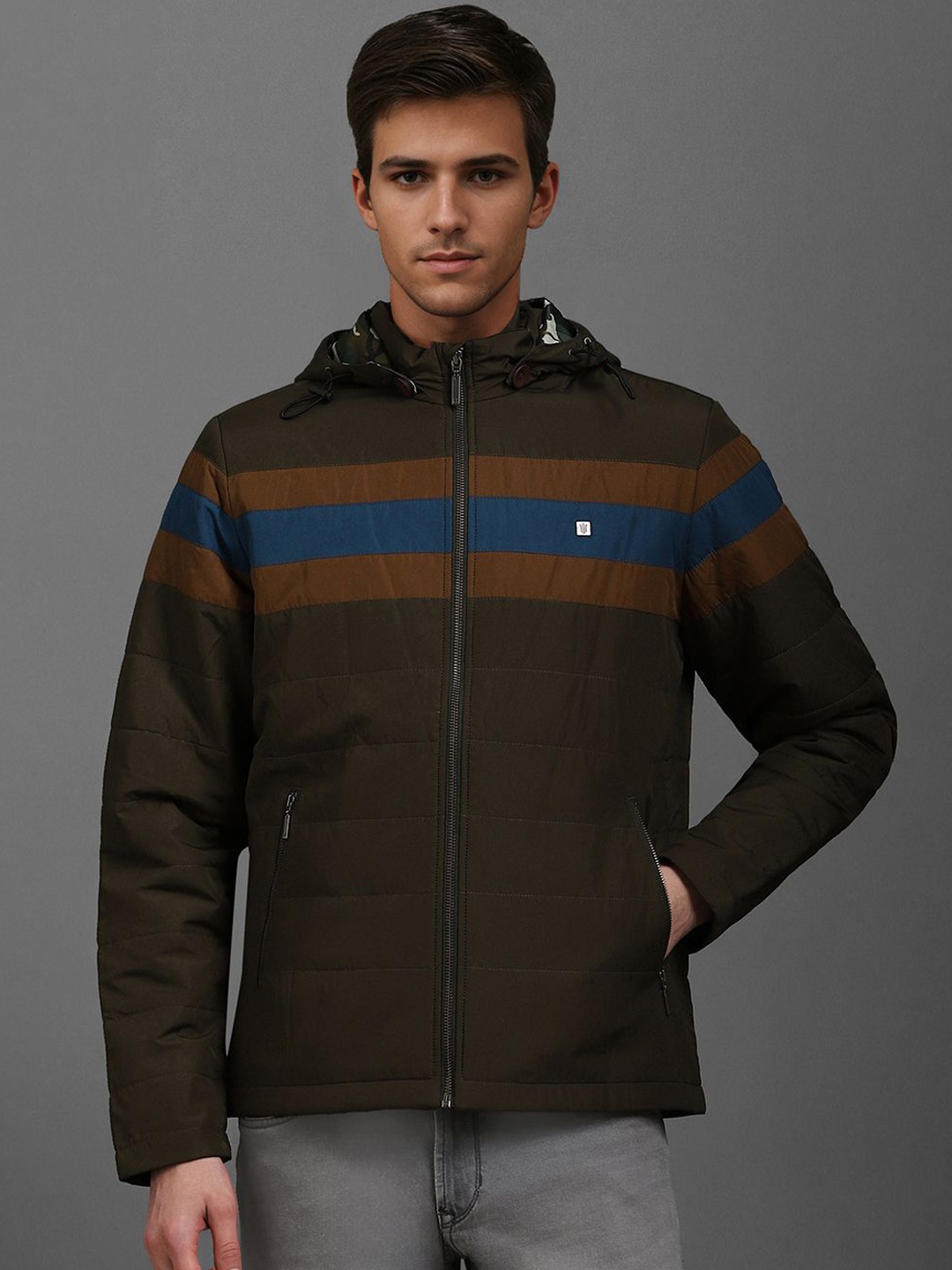 

Louis Philippe Jeans Men Hooded Striped Cotton Casual Padded Jacket, Brown