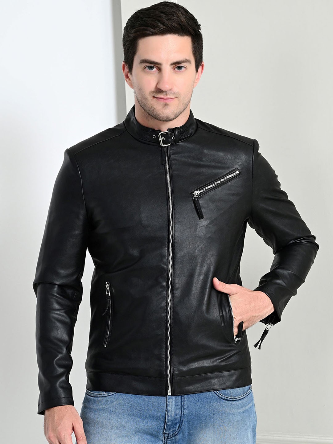 

TBOJ Men Mandarin Collar Solid Casual Biker Jacket, Black