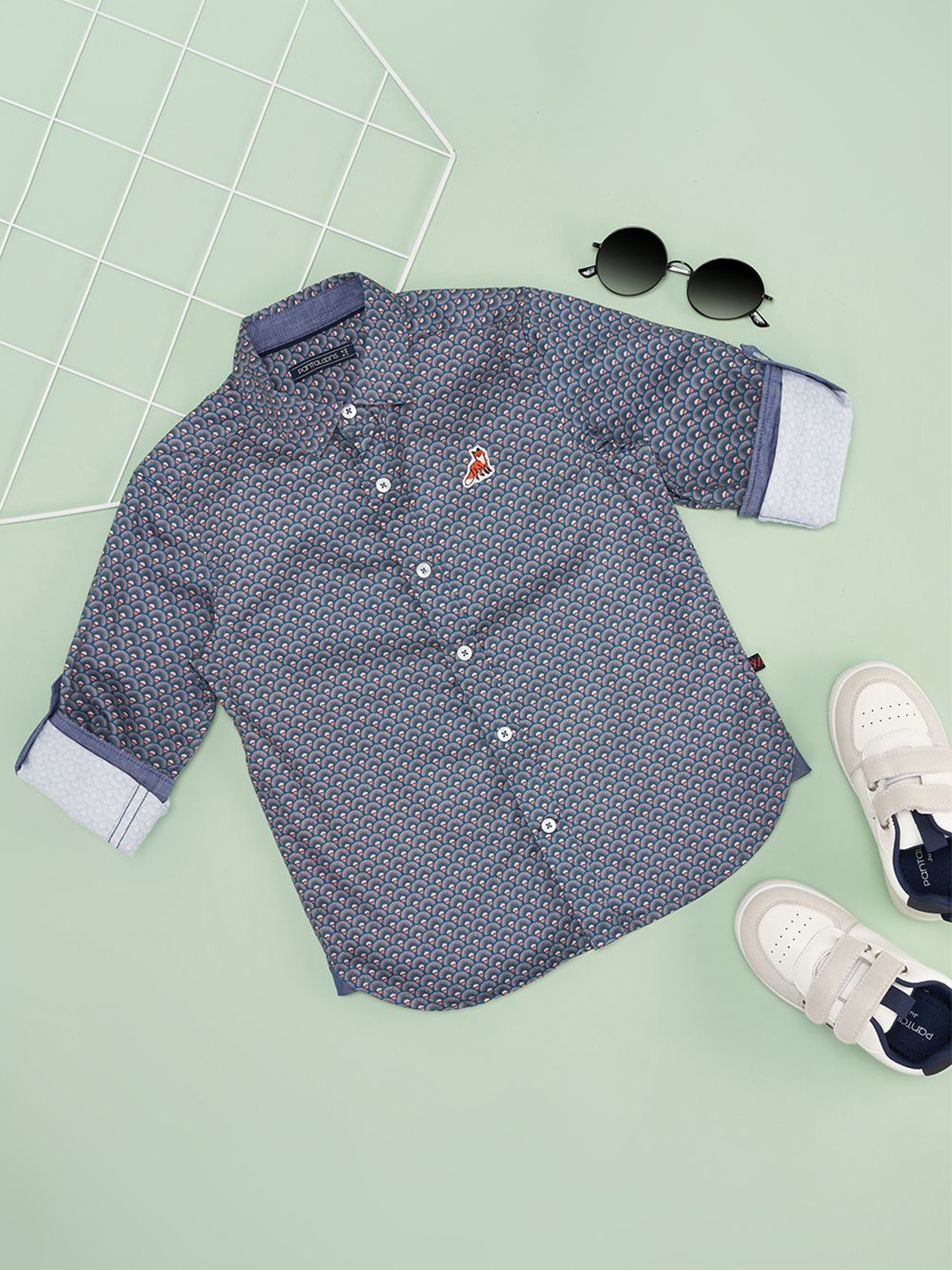 

Pantaloons Junior Boys Spread Collar Graphic Printed Cotton Casual Shirt, Navy blue