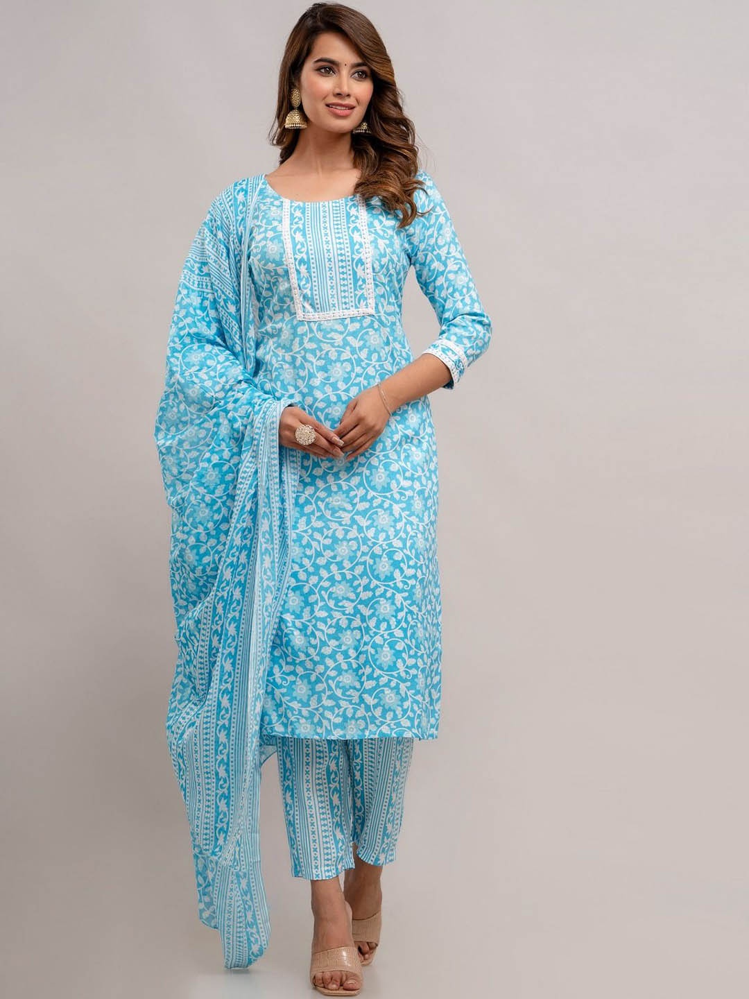

ANNU PARIDHAN Floral Printed Thread Work Straight Kurta With Trousers & Dupatta, Blue