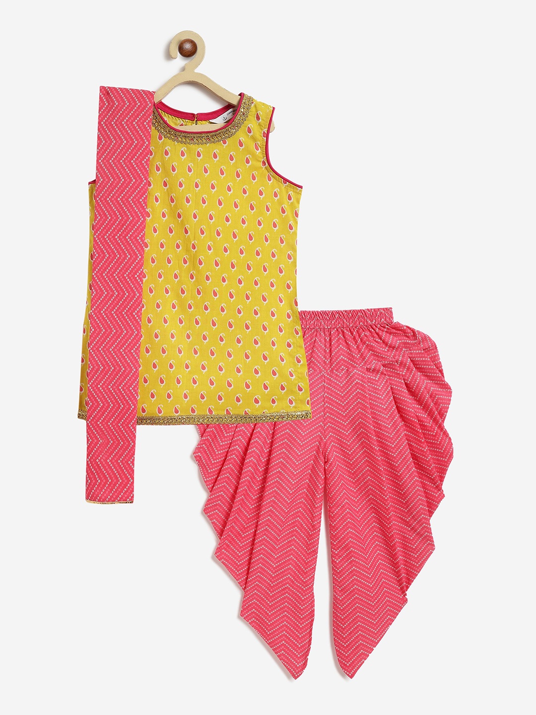 

Campana Girls Paisley Printed Pure Cotton Straight Kurti With Patiala & Dupatta, Lime green