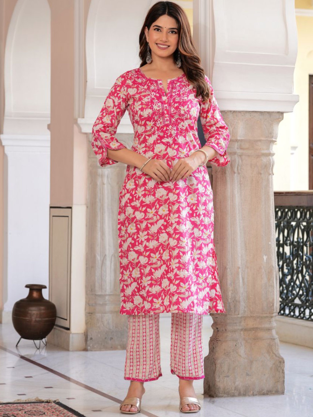 

KALINI Floral Printed Thread Work Pure Cotton Kurta with Trouser & Dupatta, Pink
