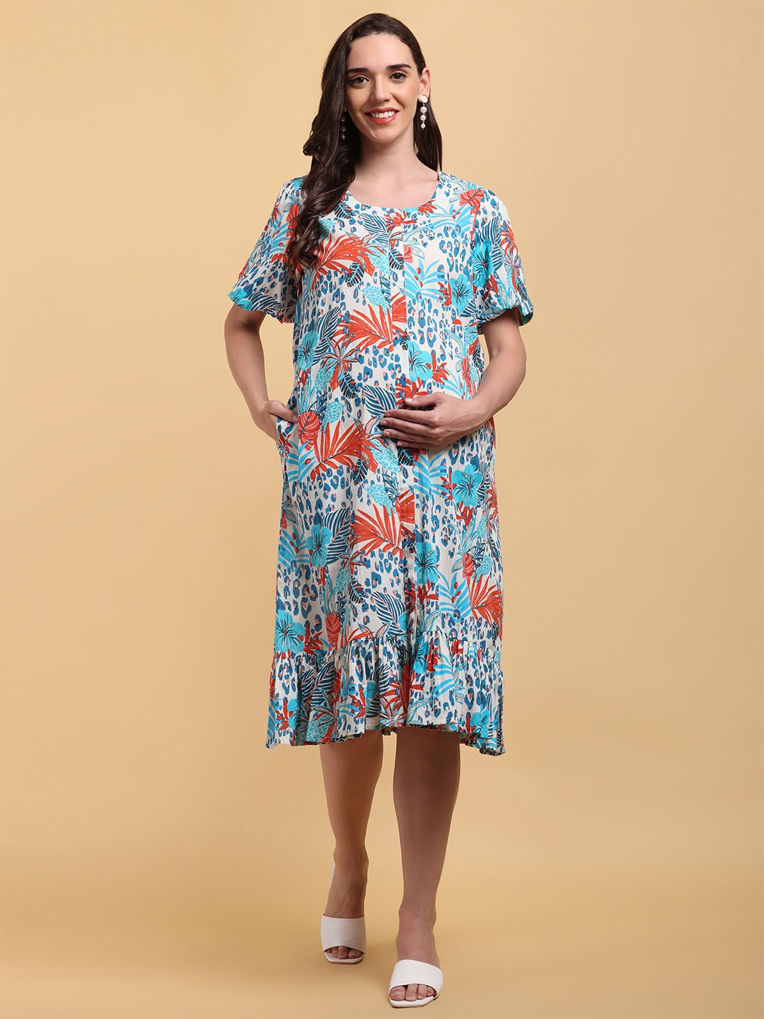 

CHARISMOMIC Tropical Print Cotton Flared Sleeve Maternity A-Line Midi Dress, Blue
