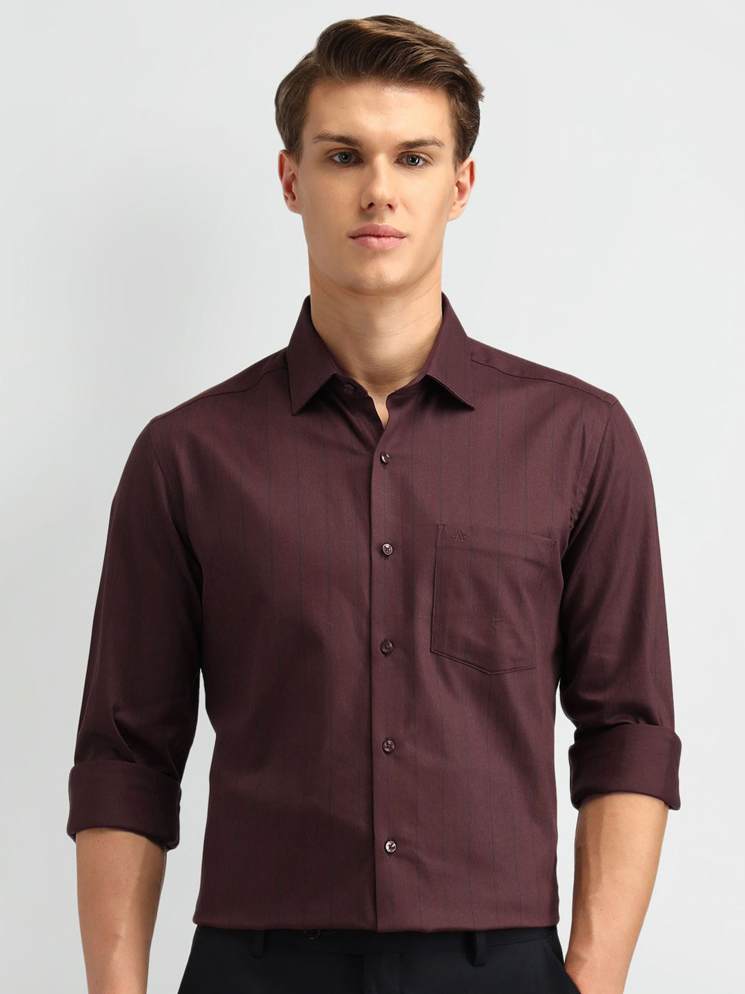 

Arrow Men Manhattan Spread Collar Vertical Striped Cotton Slim Fit Formal Shirt, Maroon
