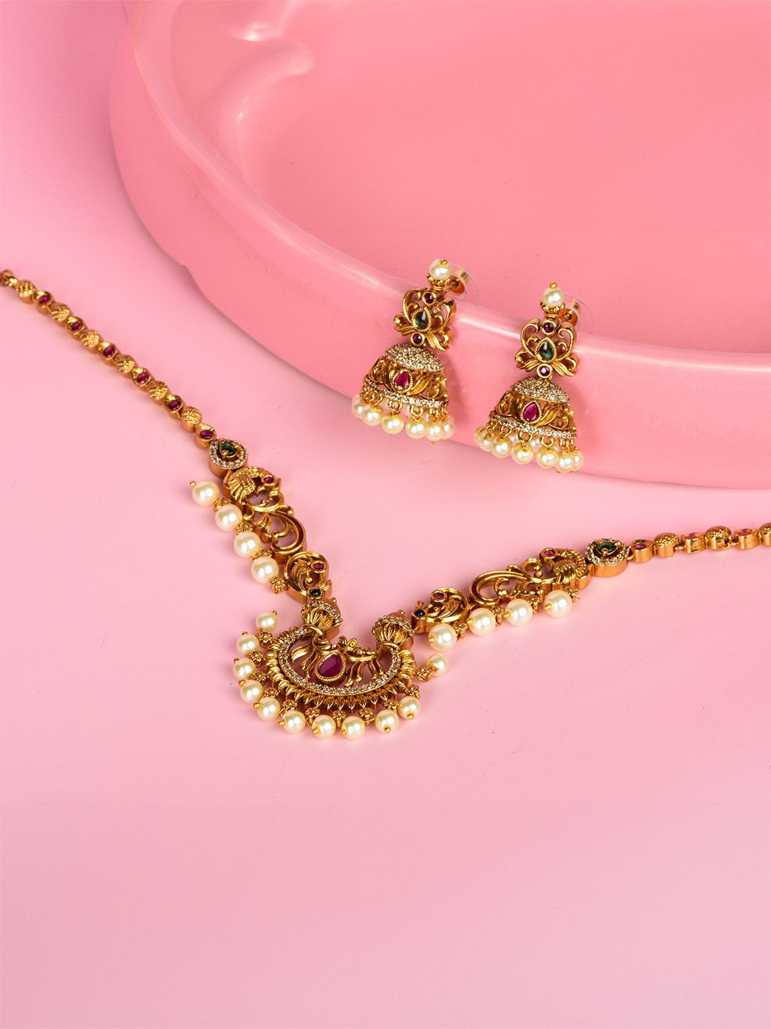 

SHARLEEZ Gold-Plated American Diamond Studded & Beaded Floral Leaf Jewellery Set