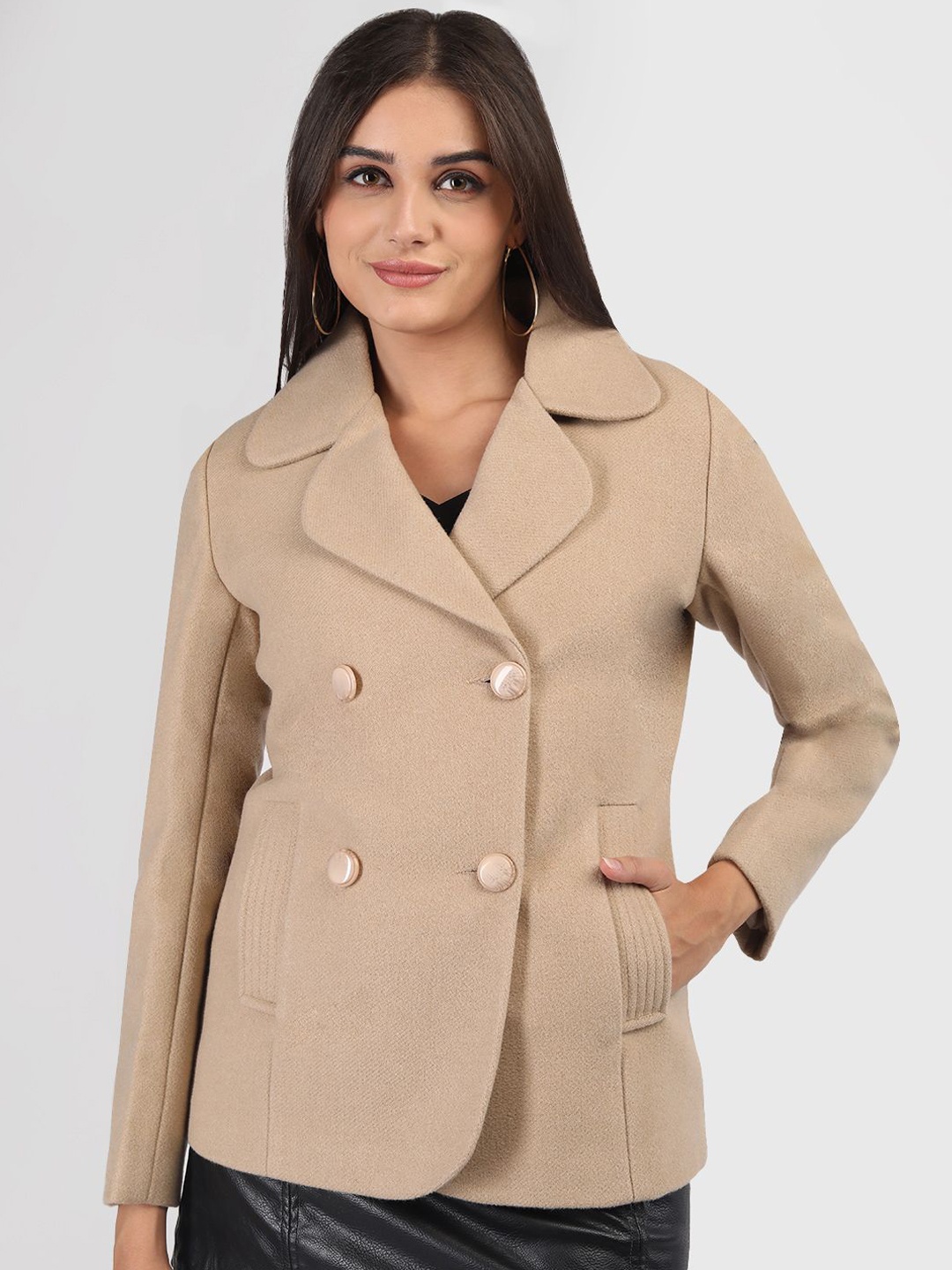 

PROTEX Women Solid Double Breasted Overcoat, Camel brown