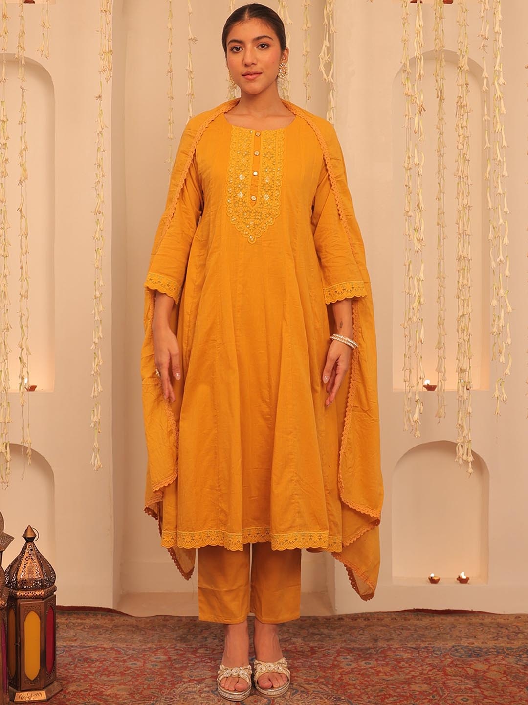 

Alaya By Stage3 Round Neck Regular Thread Work Pure Cotton Kurta With Trouser With Dupatta, Yellow