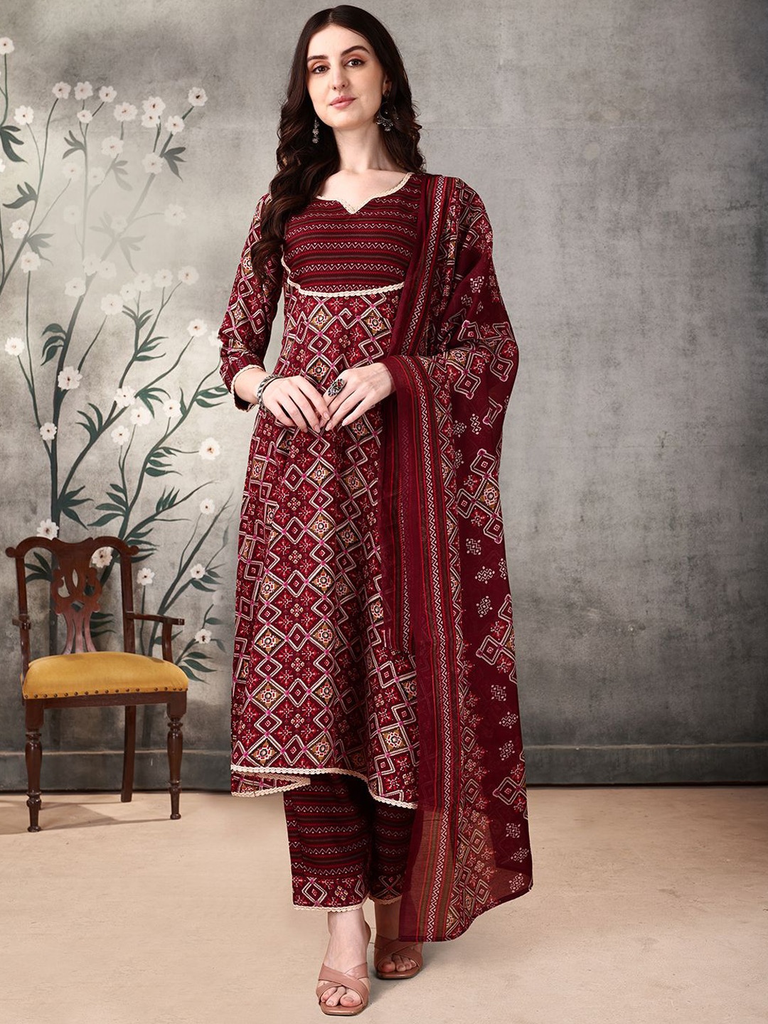 

KALINI Ethnic Motifs Printed Notch Neck Gotta Patti Anarkali Kurta with Palazzos & Dupatta, Maroon