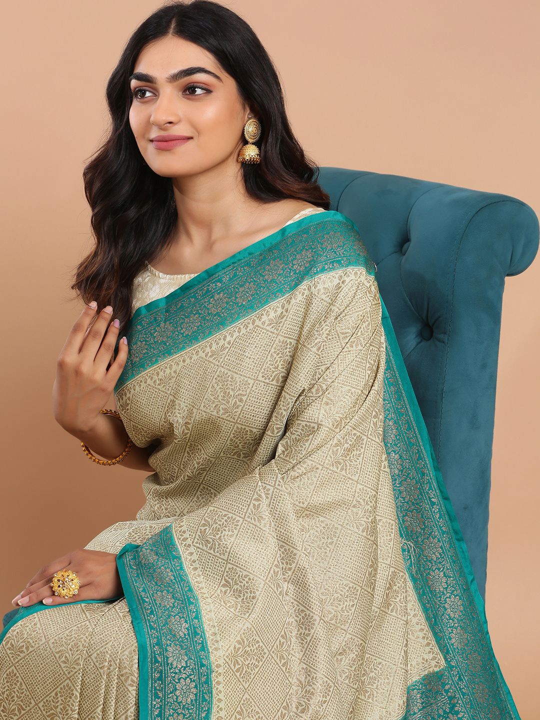 

Kalyan Silks Ethnic Motifs Woven Design Zari Kanjeevaram Saree, Cream