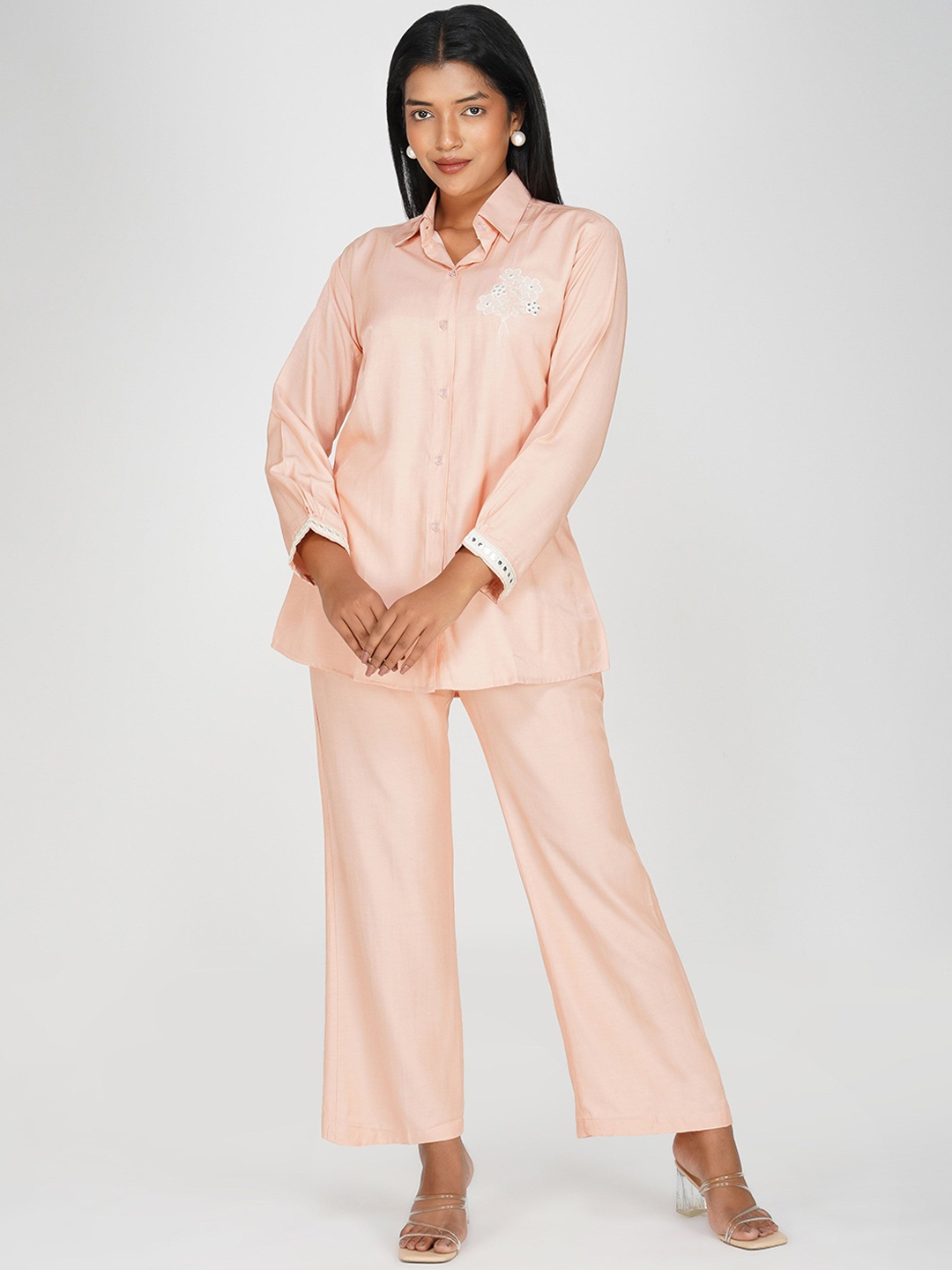 

Bindigasm Embroidered Shirt With Trousers, Peach