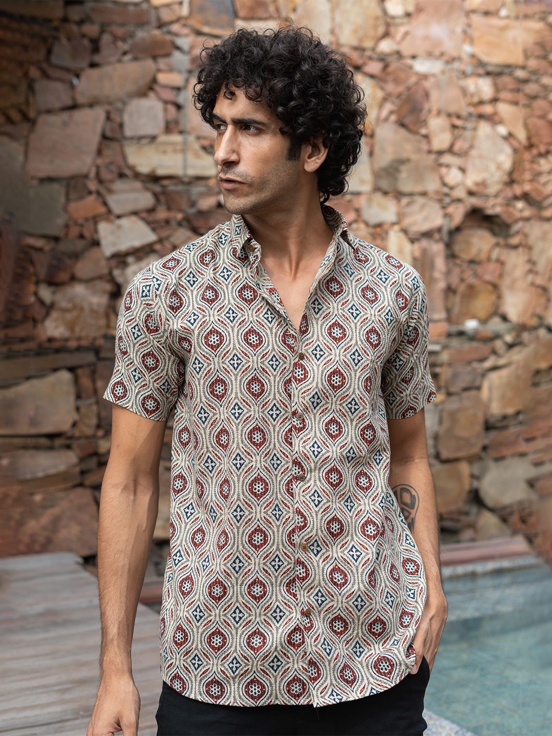 

Shasak Men Classic Spread Collar Ethnic Motifs Printed Cotton Casual Shirt, Grey