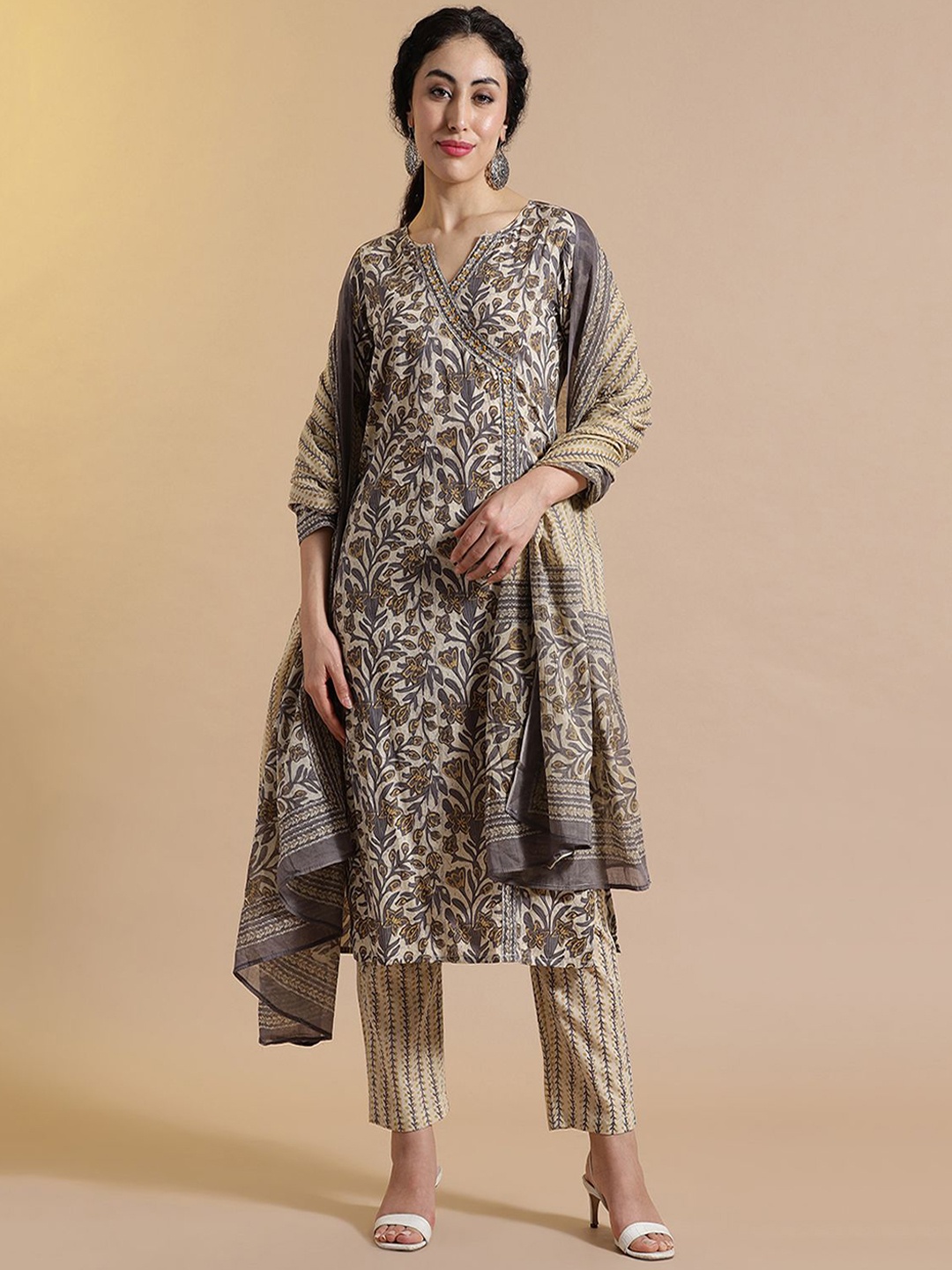 

Anouk Floral Printed Thread Work Pure Cotton Kurta with Trouser & Dupatta, Grey