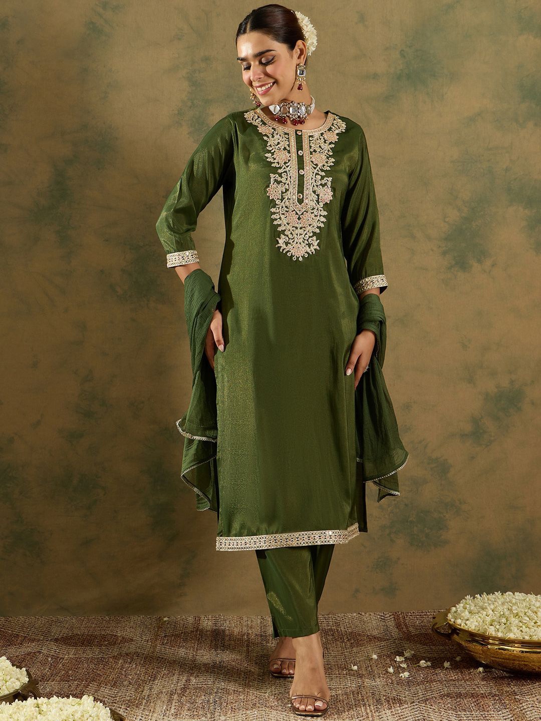 

Indo Era Ethnic Motifs Zari Embroidered Kurta with Trouser & Dupatta, Green
