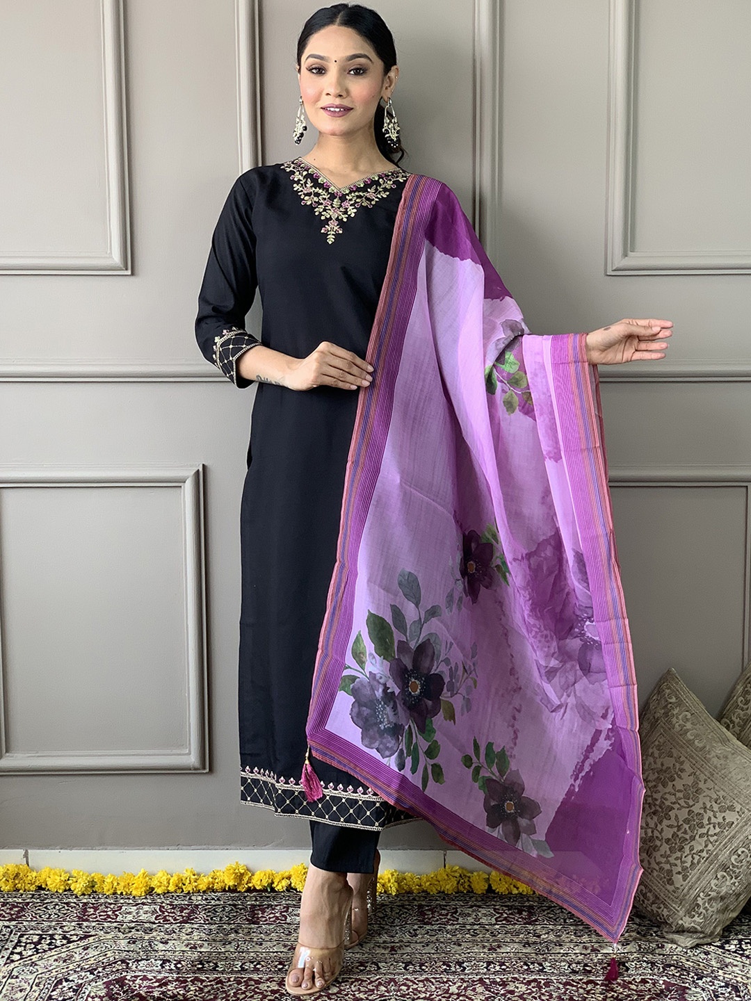 

KALINI Floral Embroidered Thread Work Straight Kurta with Trousers & Dupatta, Black