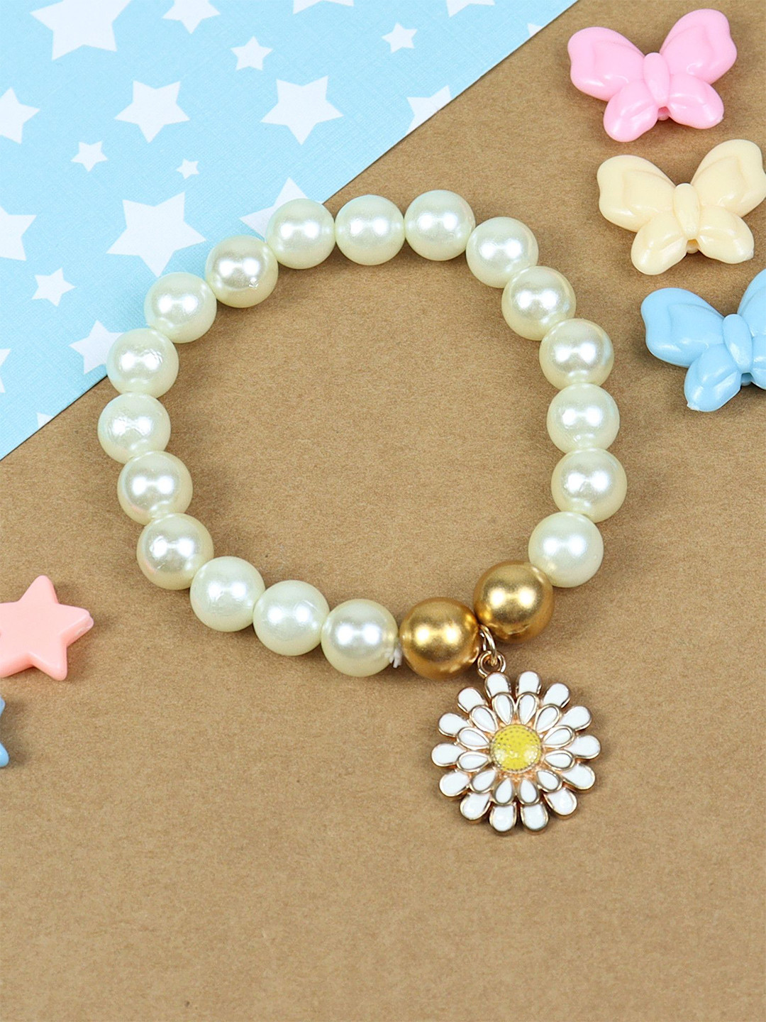 

Asthetika Kids Girls Sunflower Charm Beaded Elasticated Bracelet, White