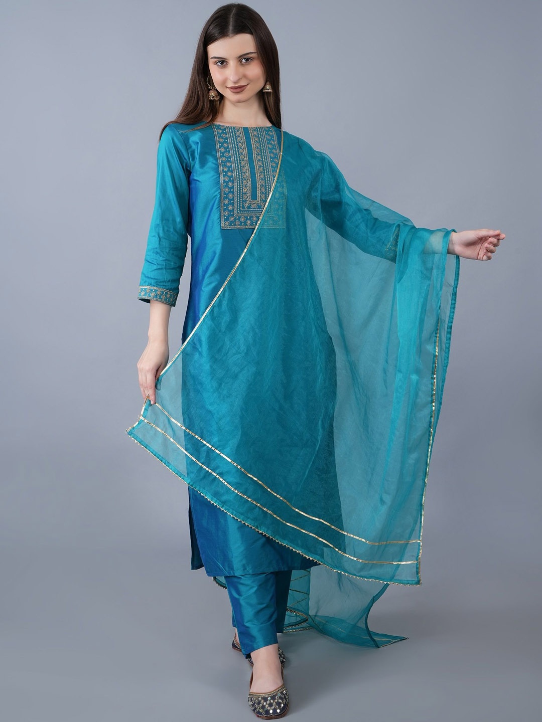 

KALINI Embroidered Thread Work Straight Kurta with Trousers & Dupatta, Teal