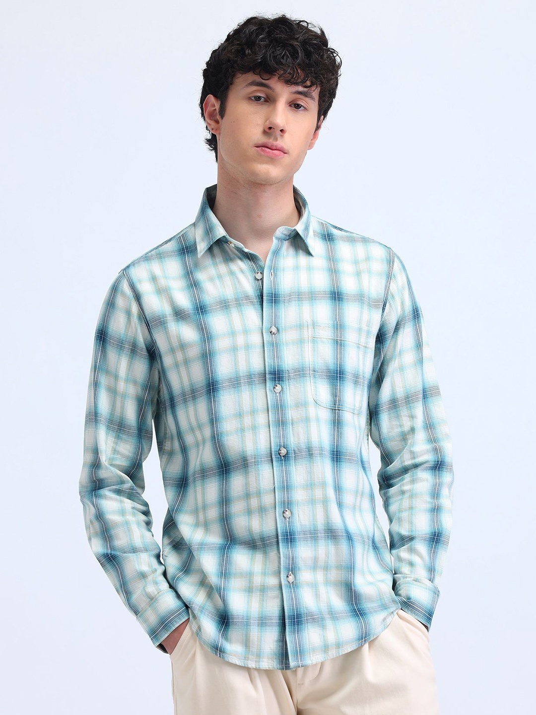 

Flying Machine Men Classic Spread Collar Tartan Checked Cotton Casual Shirt, Sea green