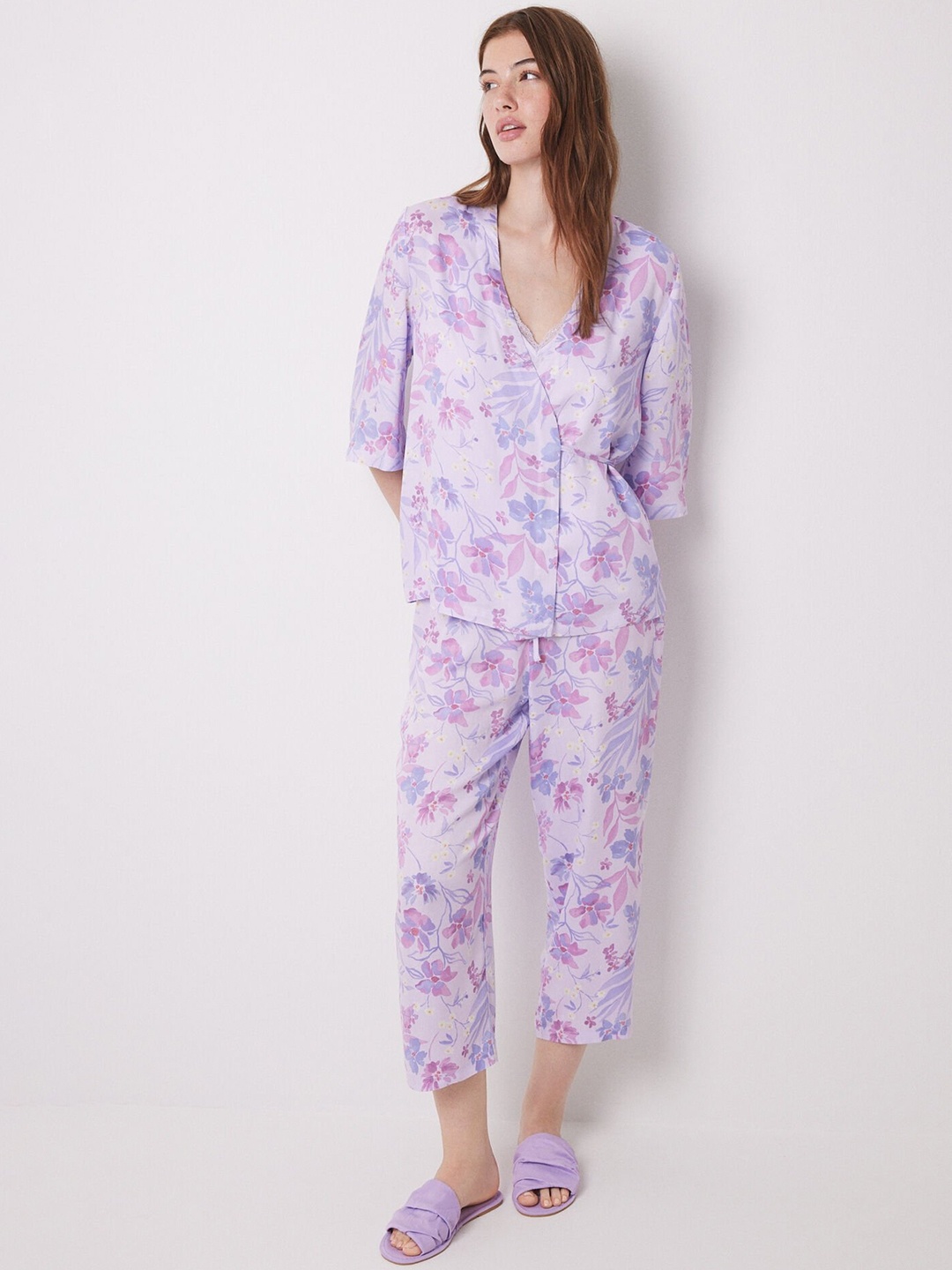 

women'secret Floral Printed Night Suit, Lavender