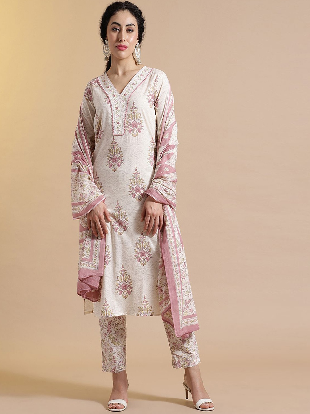 

Anouk Floral Printed Thread Work Pure Cotton Kurta with Trouser & Dupatta, Pink