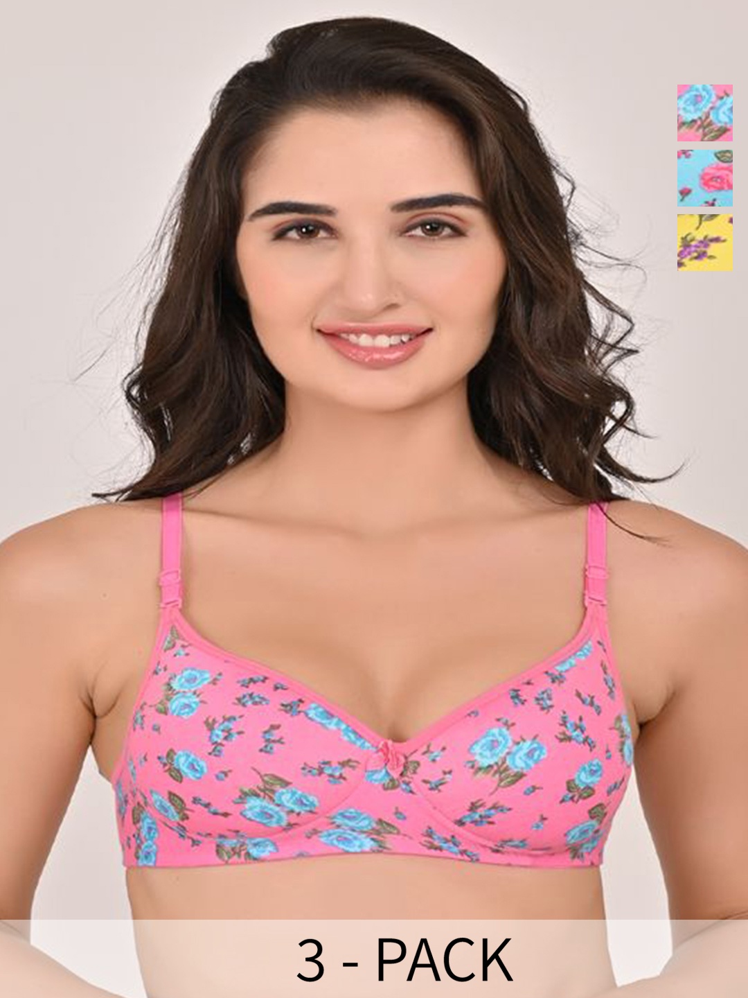 

Piylu Women Pack of 3 Combo Seamless Floral Full Coverage Lightly Padded Bra, Pink