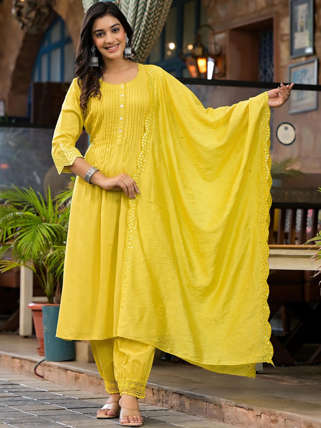 

Juniper Striped Embroidered Panelled Mirror Work Liva A Line Kurta with Trousers & Dupatta, Yellow