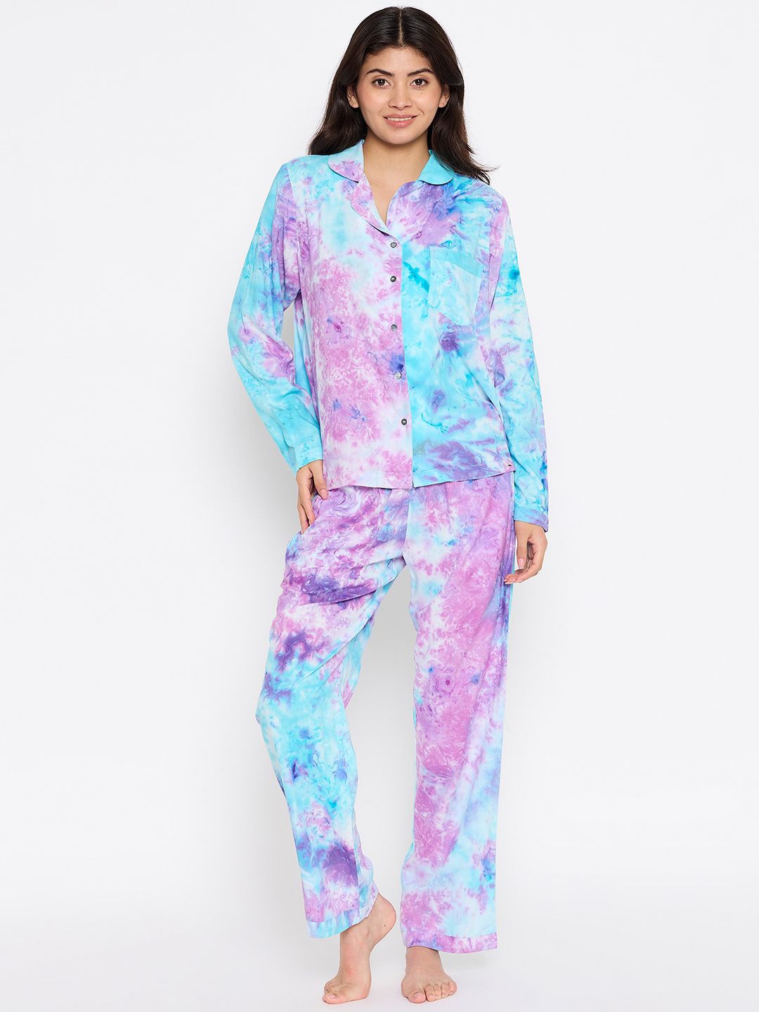 

Antimony Women Tie and Dye Printed Shirt Collar Night suit, Purple