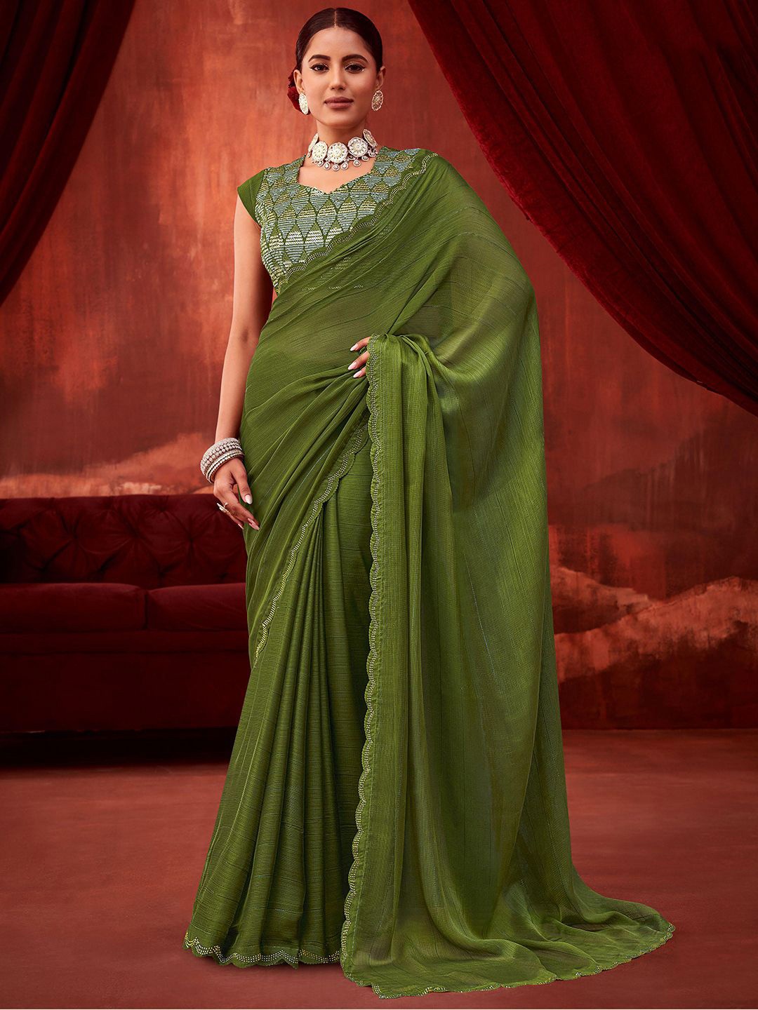 

SANSKAR Embroidered Saree, Green