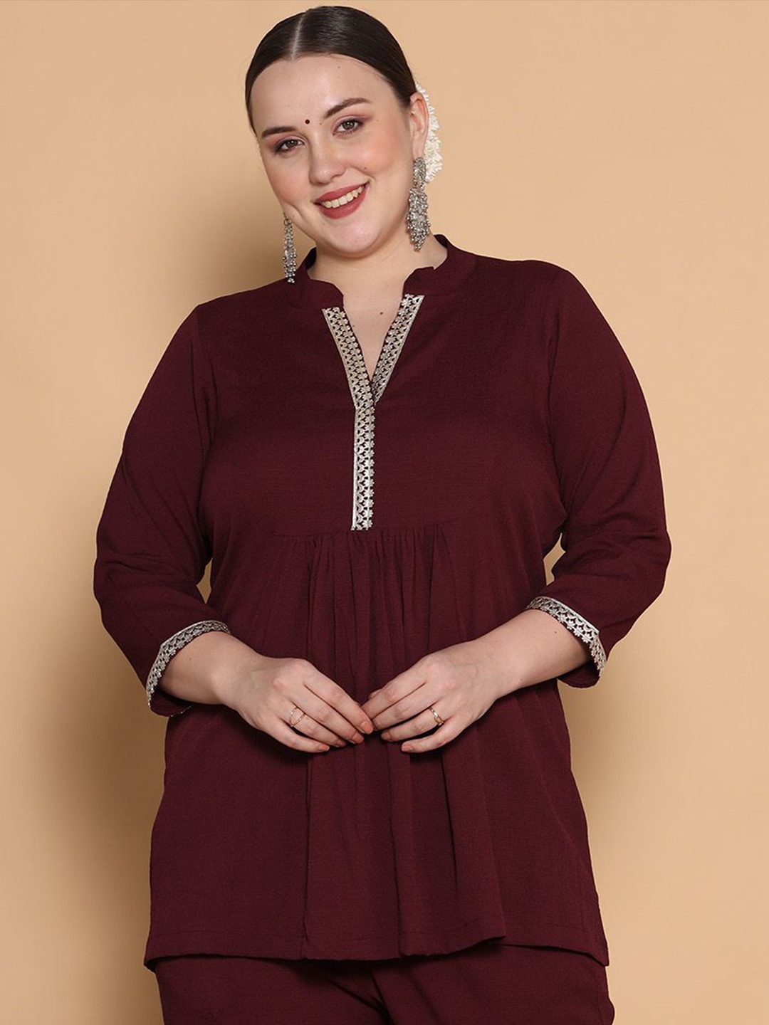 

LetsDressUp Embellished Mandarin Collar Longline A-Line Top, Burgundy