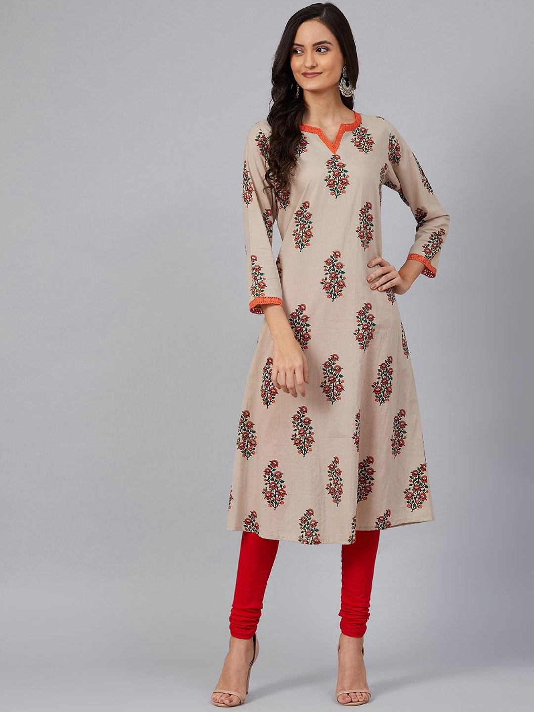 

AHIKA Floral Printed Cotton A-Line Kurta, Beige