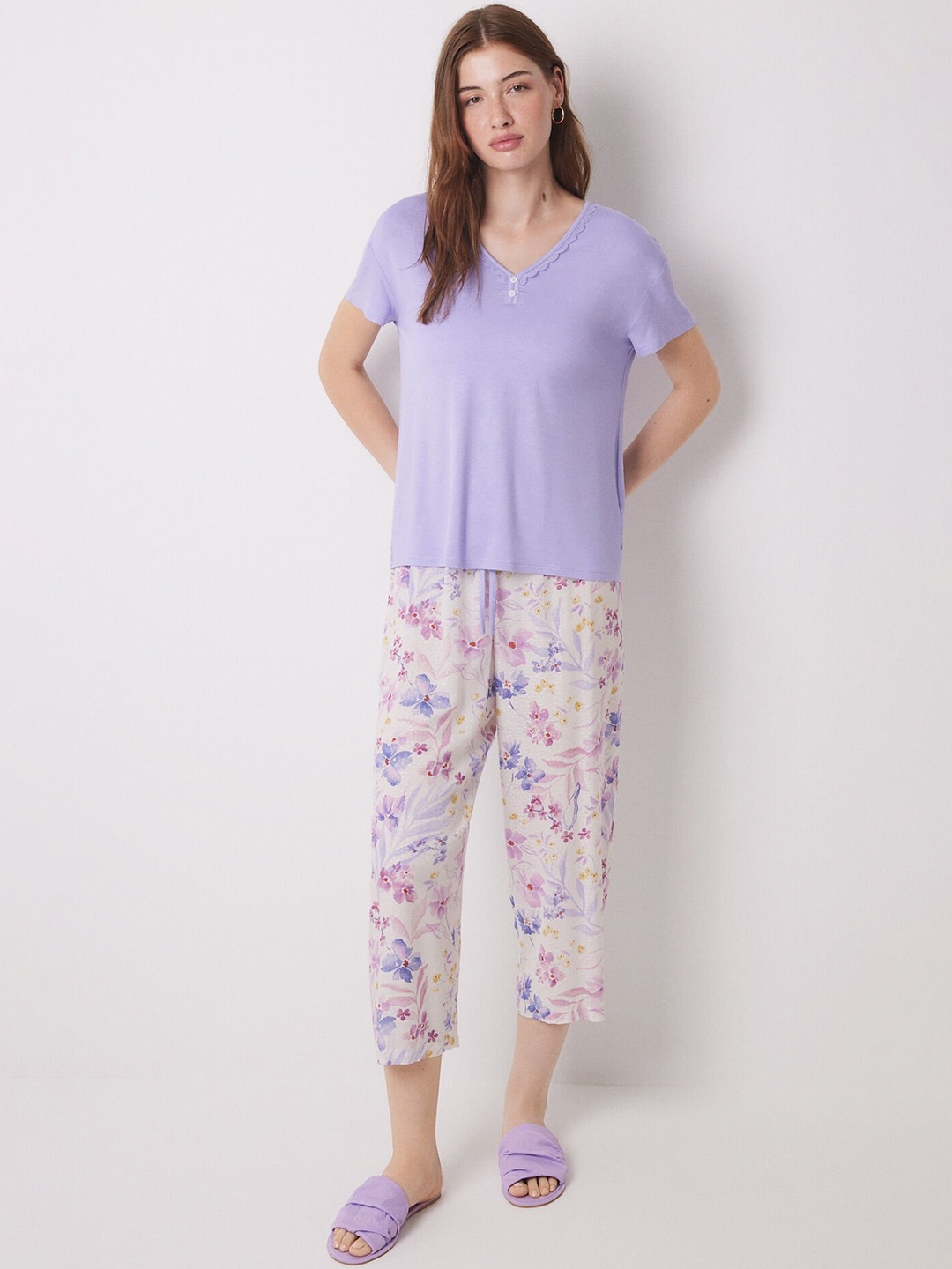 

women'secret Floral Printed Night Suit, Lavender