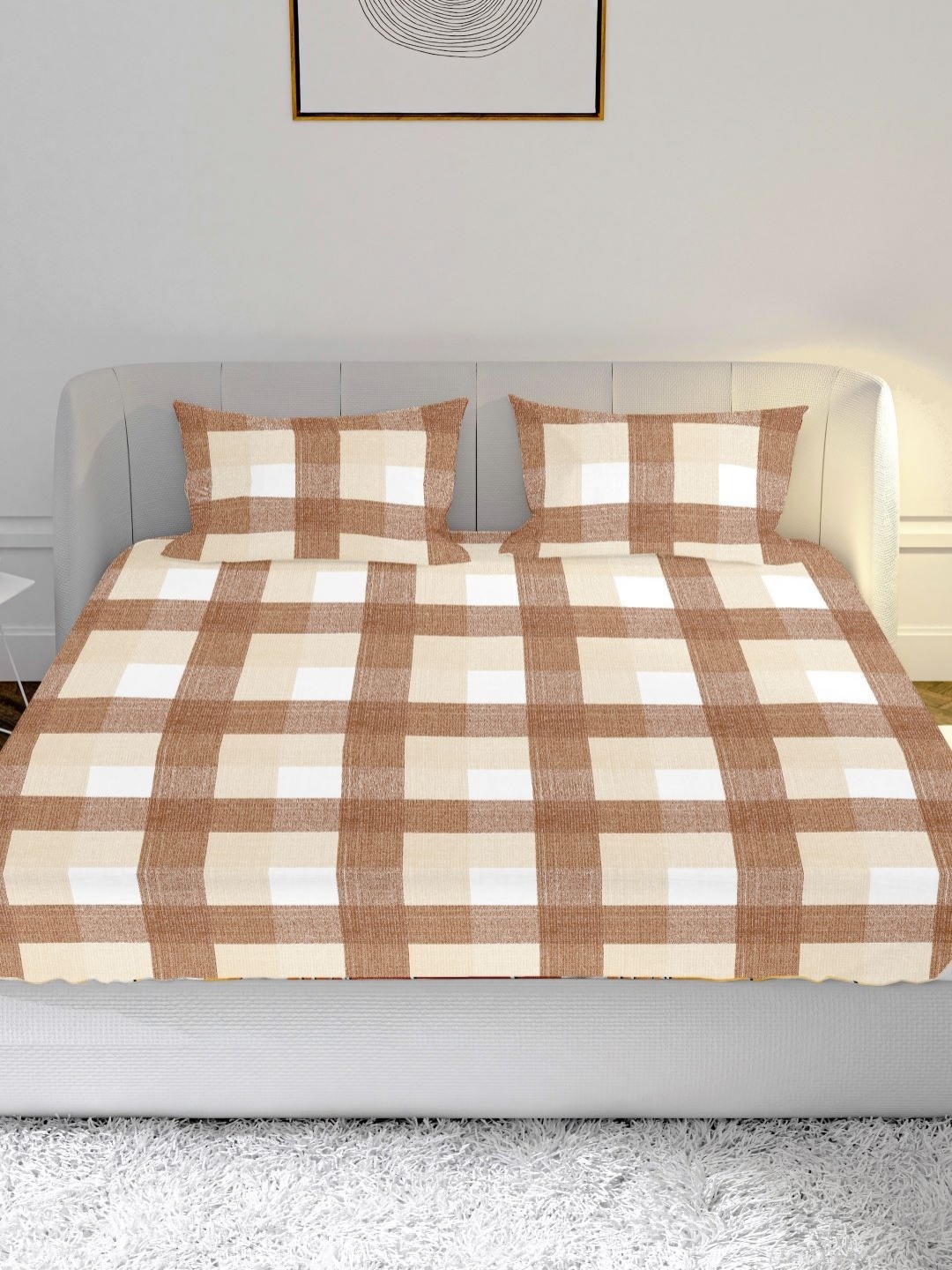 

MAYFAIR HOMES LONDON Brown & Beige Checked 144 TC King Bedsheet Set 2.74 m x 2.24 m