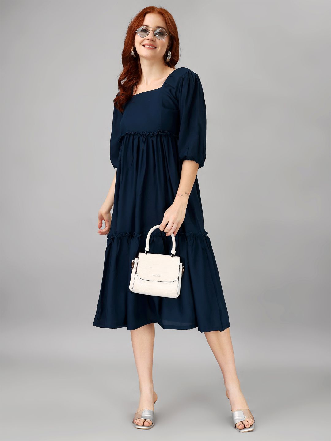 

Krunal Raiyani Women Square Neck Puff Sleeves Fit & Flare Midi Dress, Blue