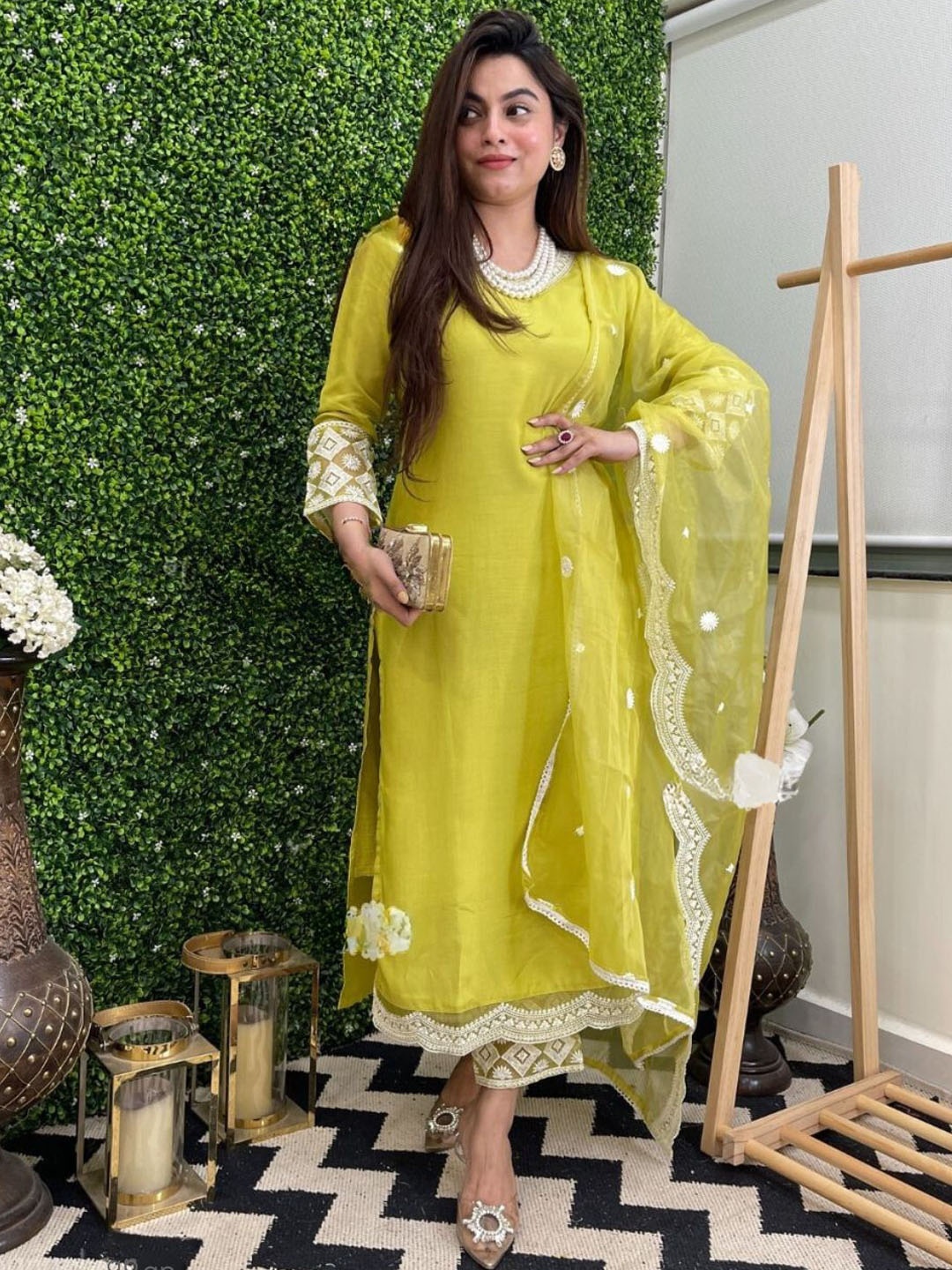 

KALINI Floral Embroidered Chanderi Silk Kurta With Trousers & Dupatta, Yellow
