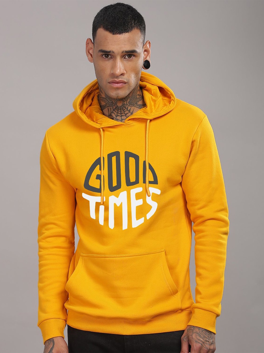 

ADRO Men Graphic Printed Hooded Cotton Sweatshirt, Mustard