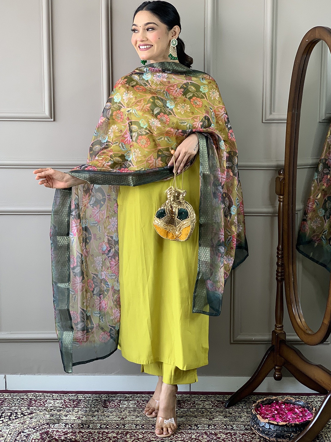 

KALINI Floral Embroidered Sequinned Kurta with Trouser & Dupatta, Yellow