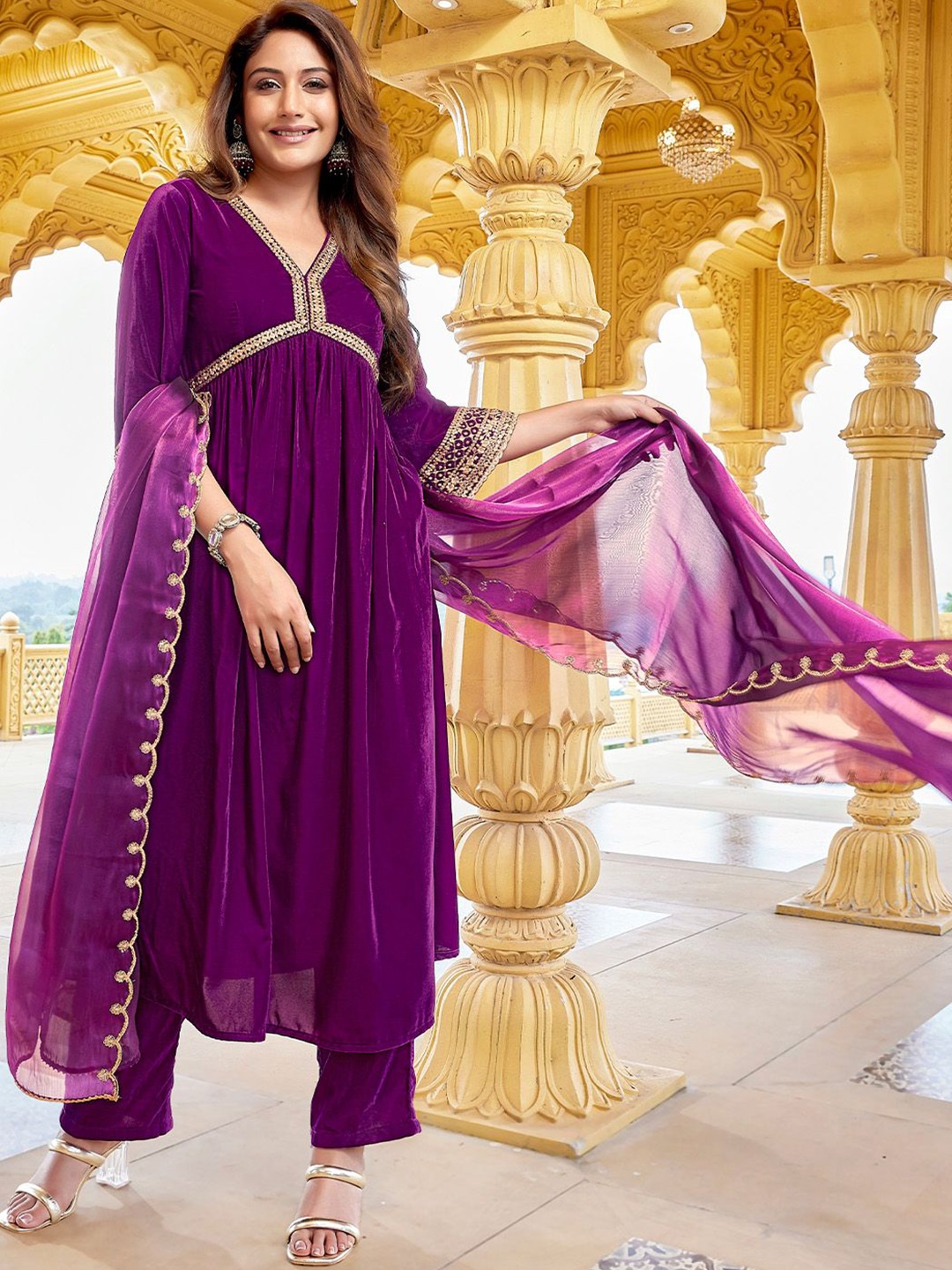 

Janasya Floral Embroidered Sequinned Velvet A-Line Kurta With Trousers & Dupatta, Purple