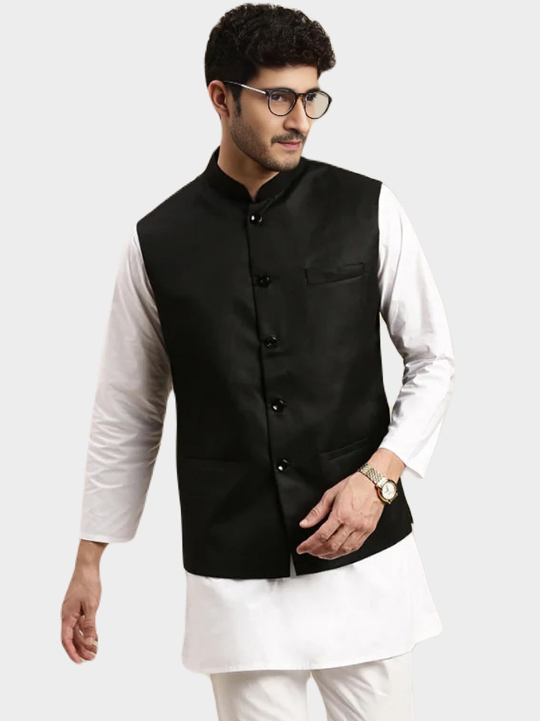 

BAESD Mandarin Collar Satin Nehru Jacket, Black