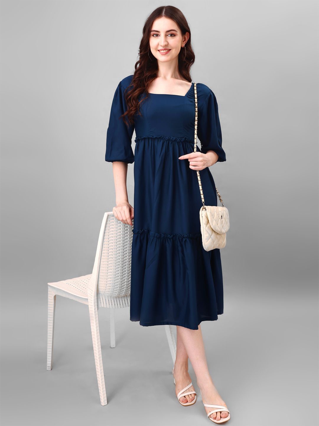 

Krunal Raiyani Women Crepe Fit & Flare Tiered Midi Dress, Blue