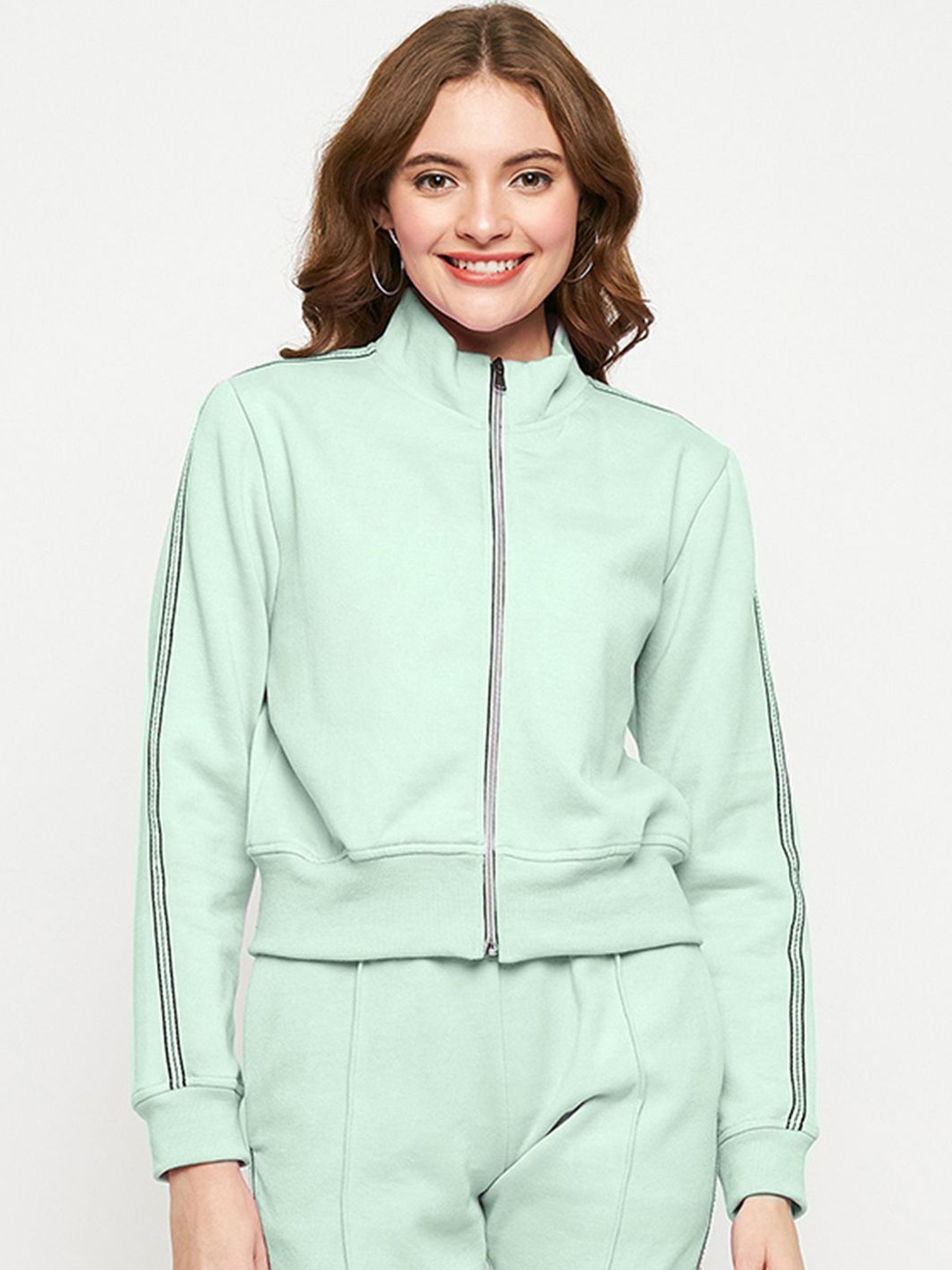 

BRINNS Women Mock Collar Solid Fleece Casual Bomber Jacket, Sea green